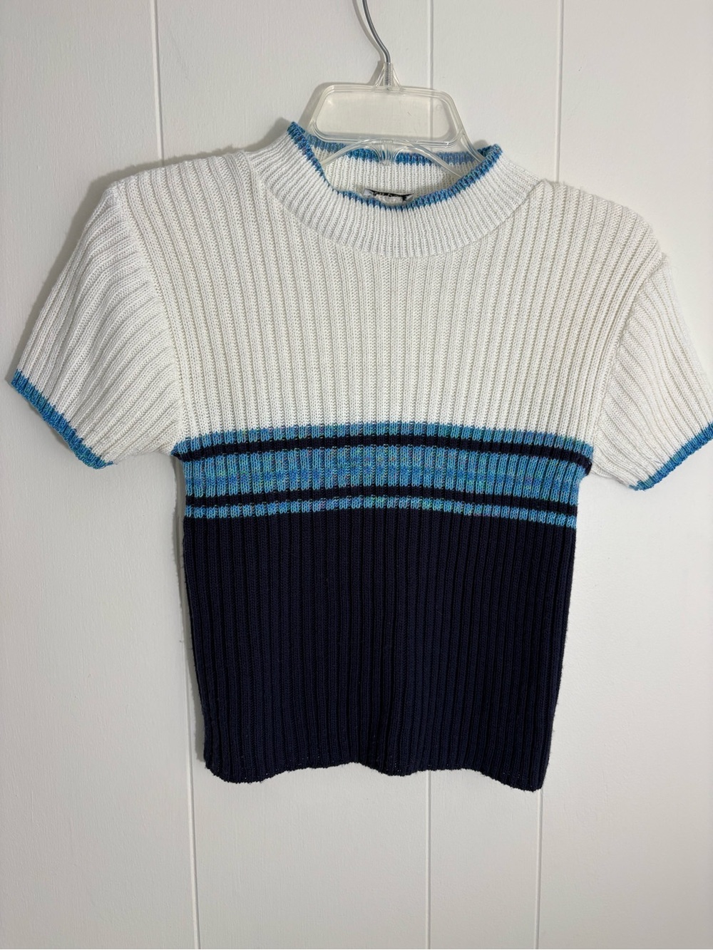 Vintage White and Navy Ribbed Short Sleeve Sweater with Blue Stripe Accents
